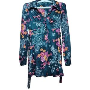 VTG 60s 70s Floral Mini Dress Boho Mod Psychedelic Long Sleeve Fit & Flare Belt